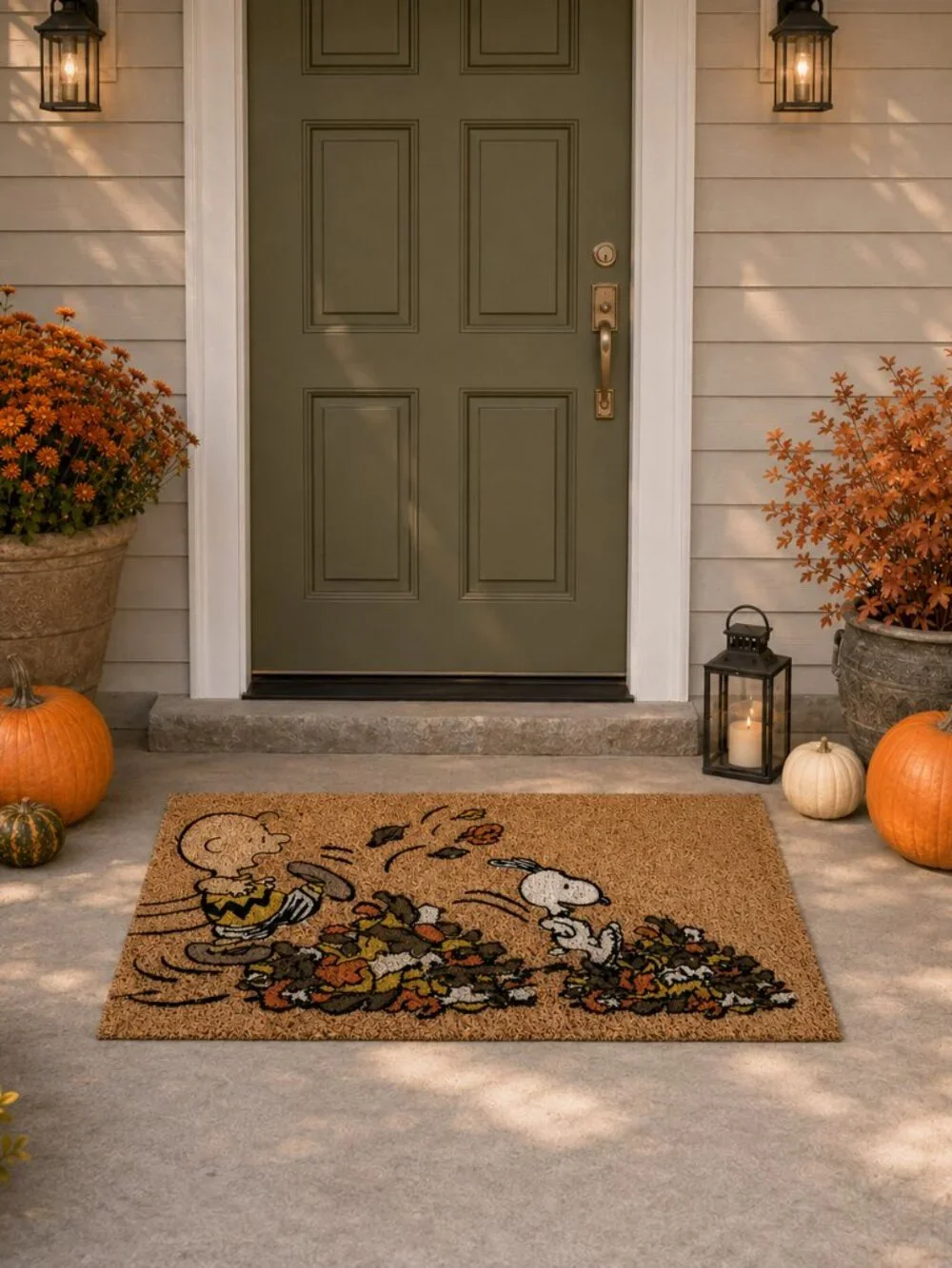 Charlie Brown and Snoopy playing in autumn leaves outdoor mat entryway.